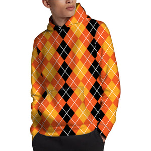 Black And Orange Argyle Pattern Print Pullover Hoodie