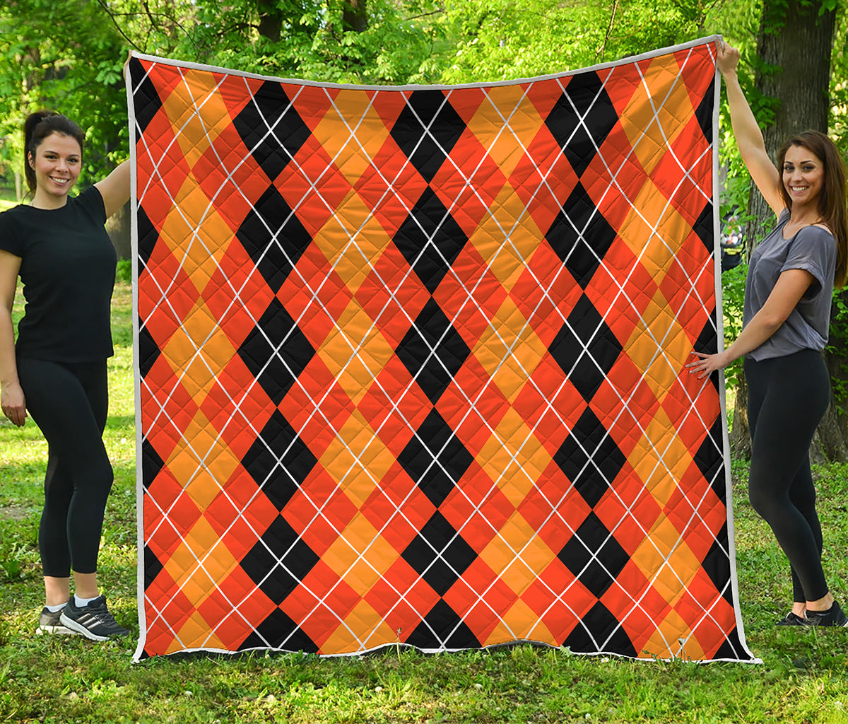 Black And Orange Argyle Pattern Print Quilt