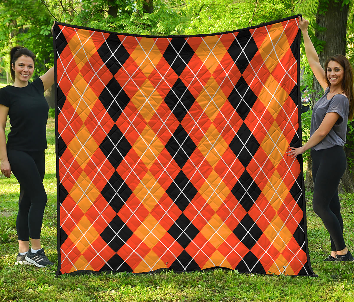 Black And Orange Argyle Pattern Print Quilt