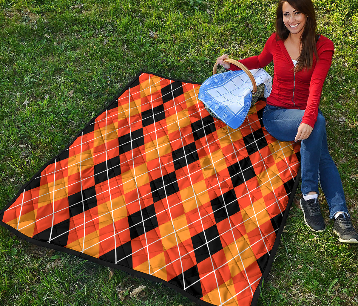 Black And Orange Argyle Pattern Print Quilt