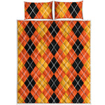 Black And Orange Argyle Pattern Print Quilt Bed Set
