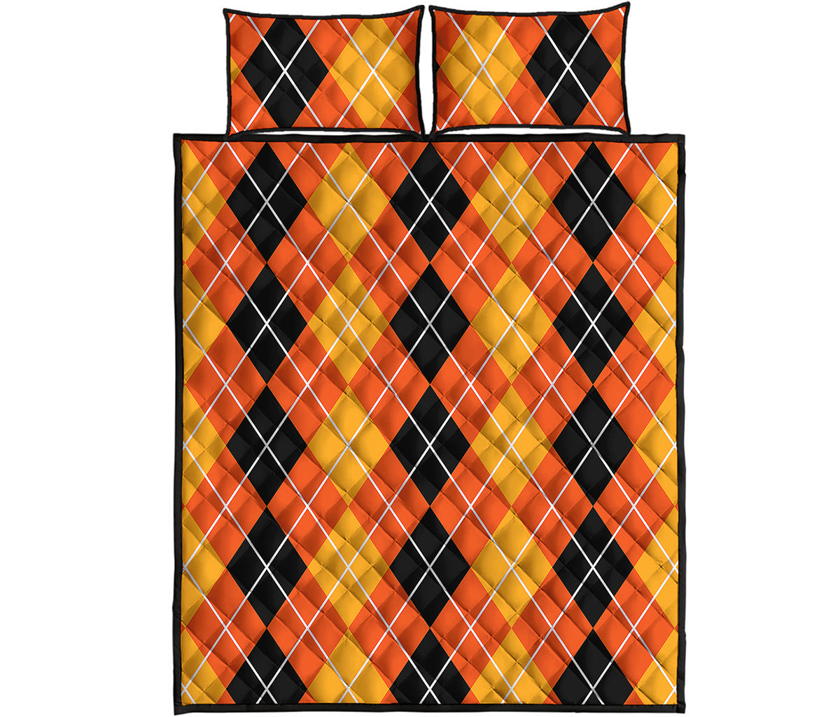 Black And Orange Argyle Pattern Print Quilt Bed Set