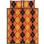 Black And Orange Argyle Pattern Print Quilt Bed Set