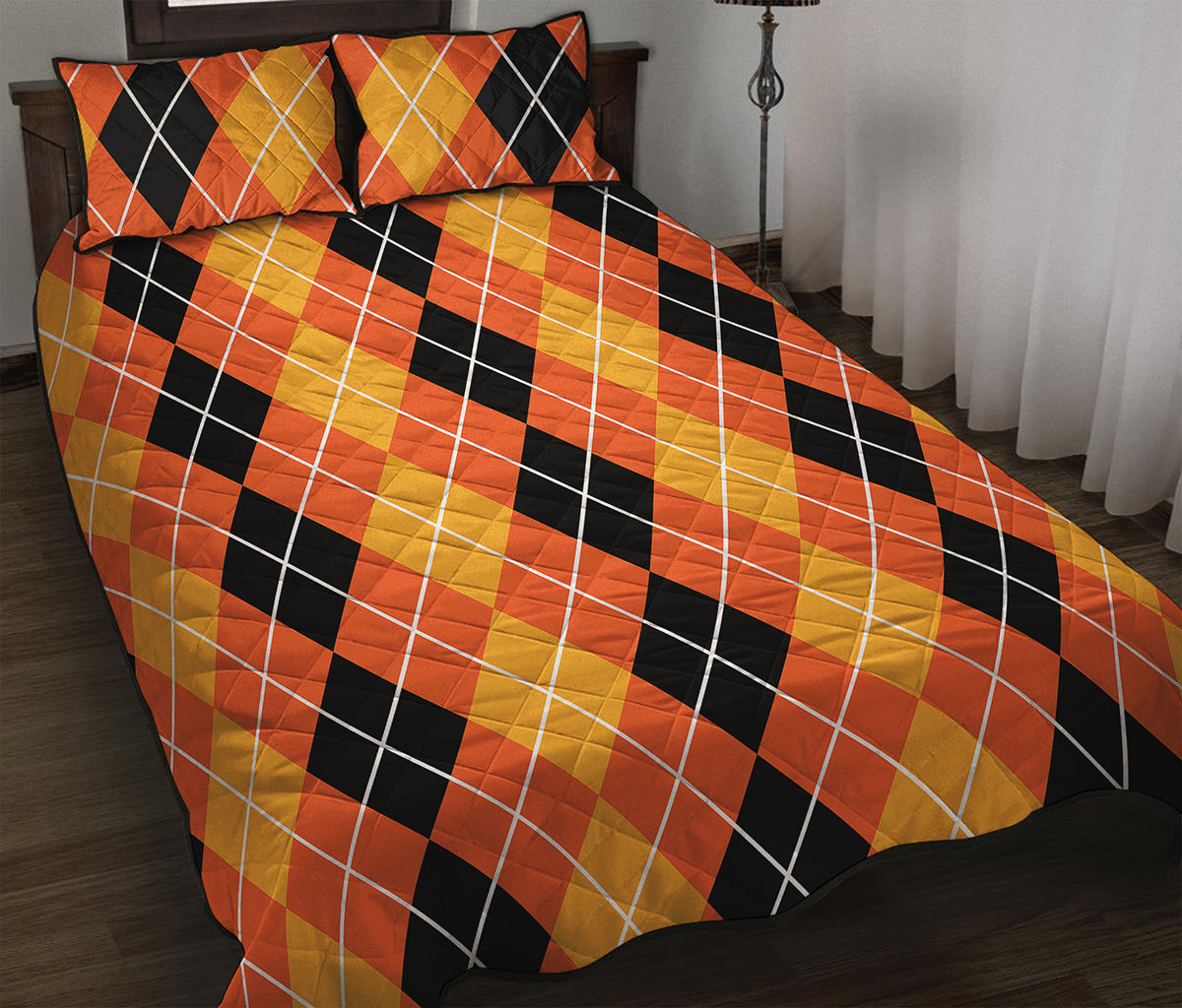 Black And Orange Argyle Pattern Print Quilt Bed Set