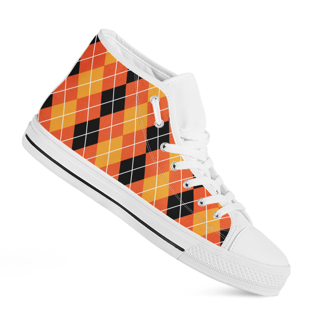 Black And Orange Argyle Pattern Print White High Top Shoes