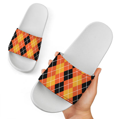 Black And Orange Argyle Pattern Print White Slide Sandals