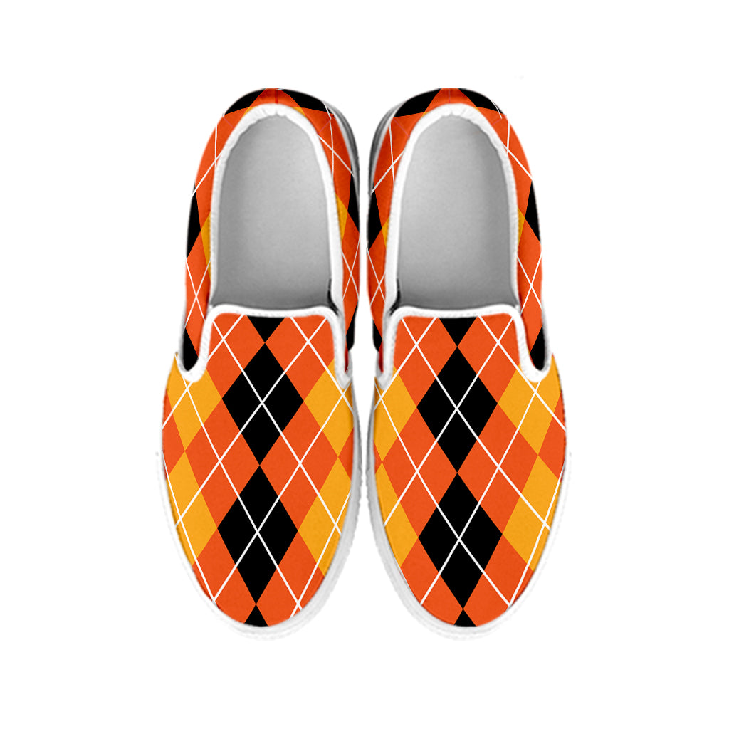 Black And Orange Argyle Pattern Print White Slip On Shoes