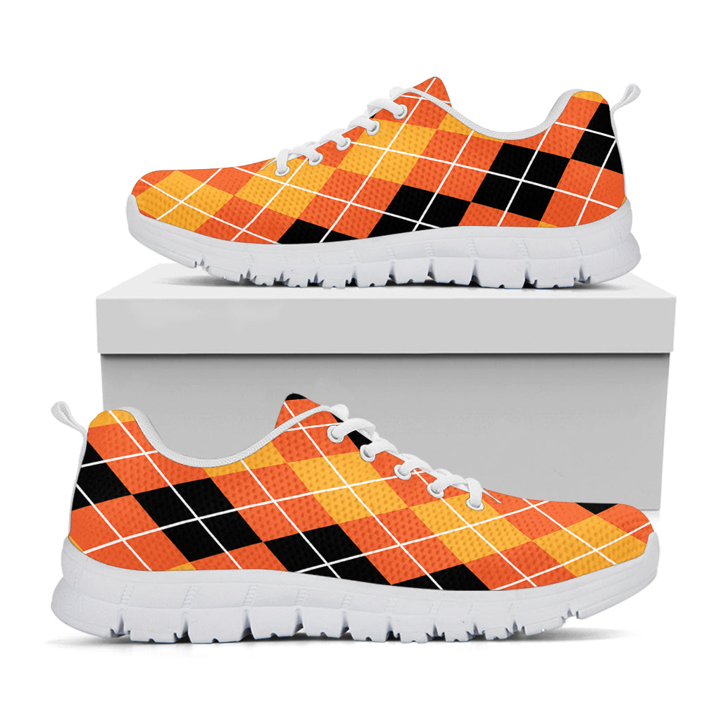 Black And Orange Argyle Pattern Print White Sneakers