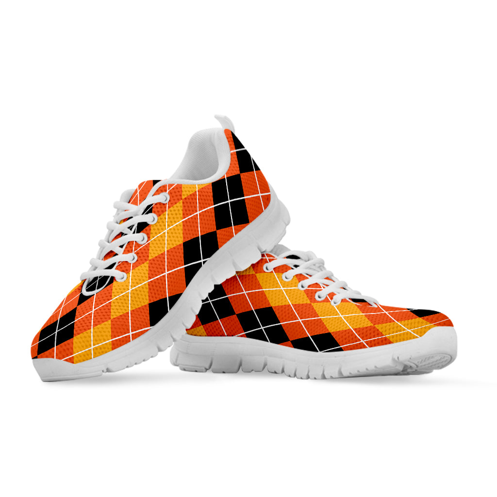 Black And Orange Argyle Pattern Print White Sneakers