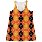 Black And Orange Argyle Pattern Print Women's Racerback Tank Top