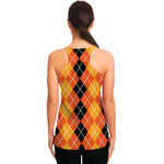 Black And Orange Argyle Pattern Print Women's Racerback Tank Top