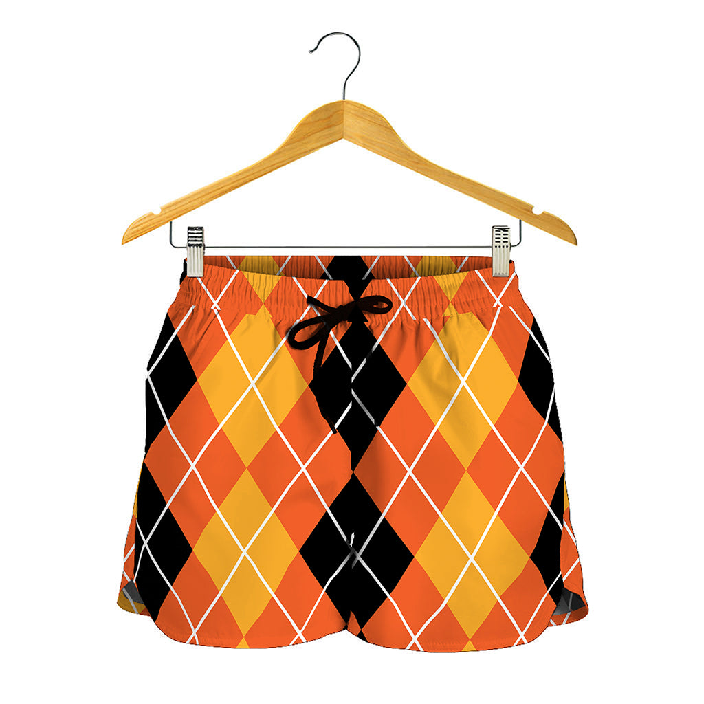 Black And Orange Argyle Pattern Print Women's Shorts