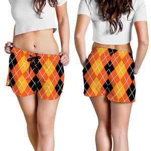 Black And Orange Argyle Pattern Print Women's Shorts