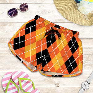 Black And Orange Argyle Pattern Print Women's Shorts