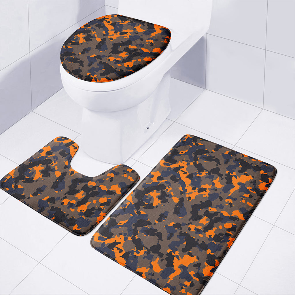 Black And Orange Camouflage Print 3 Piece Bath Mat Set