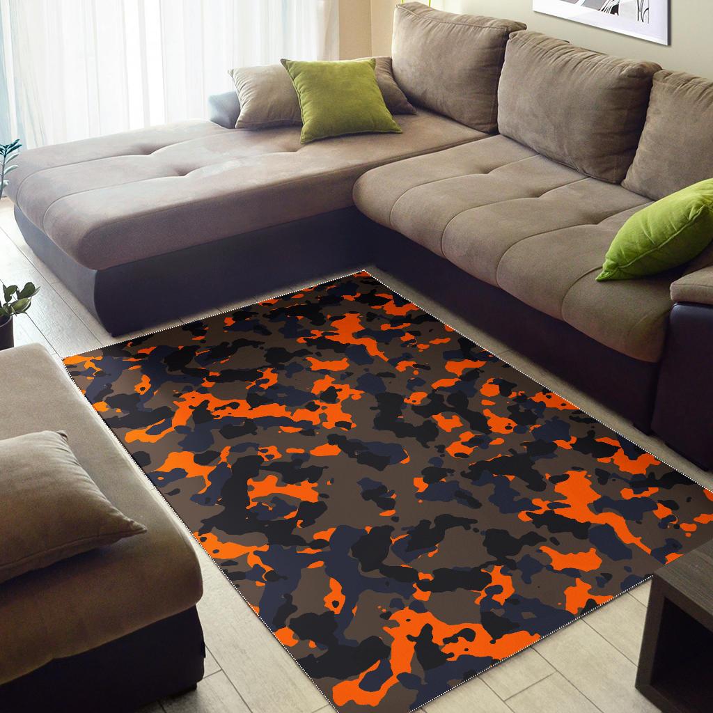 Black And Orange Camouflage Print Area Rug GearFrost
