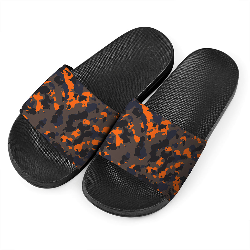 Black And Orange Camouflage Print Black Slide Sandals