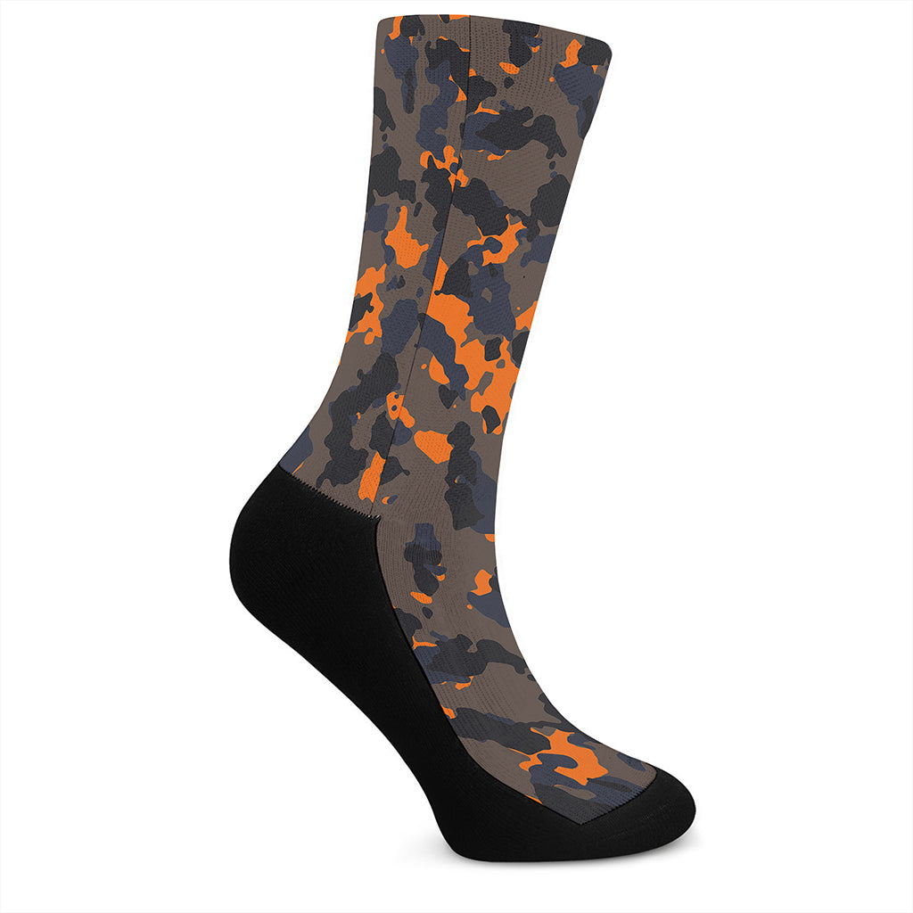 Black And Orange Camouflage Print Crew Socks