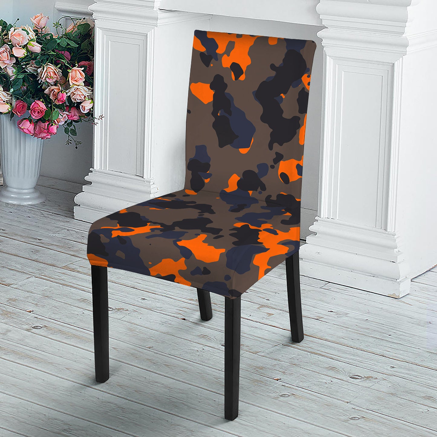 Black And Orange Camouflage Print Dining Chair Slipcover