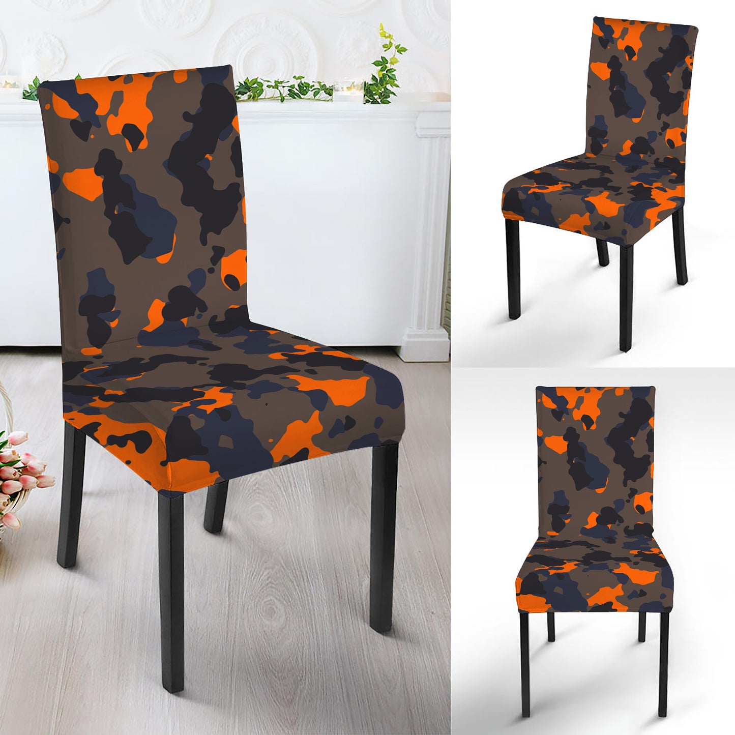 Black And Orange Camouflage Print Dining Chair Slipcover