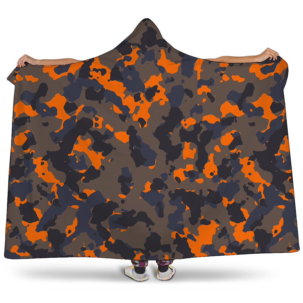 Black And Orange Camouflage Print Hooded Blanket