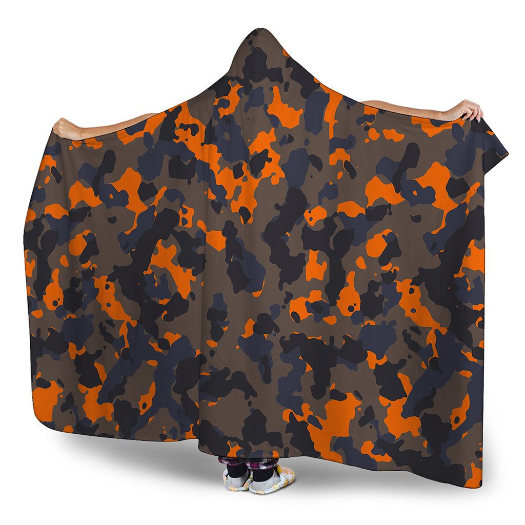 Black And Orange Camouflage Print Hooded Blanket