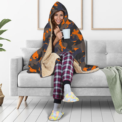 Black And Orange Camouflage Print Hooded Blanket