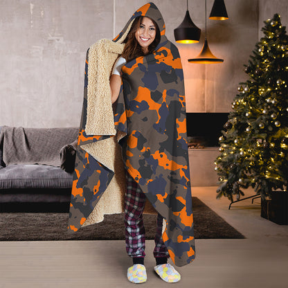 Black And Orange Camouflage Print Hooded Blanket