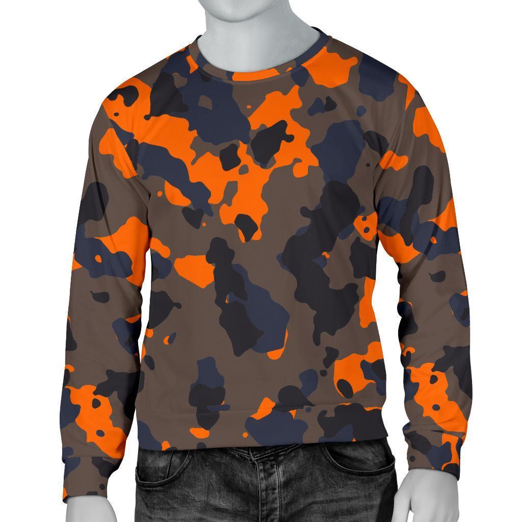 Black And Orange Camouflage Print Men's Crewneck Sweatshirt GearFrost