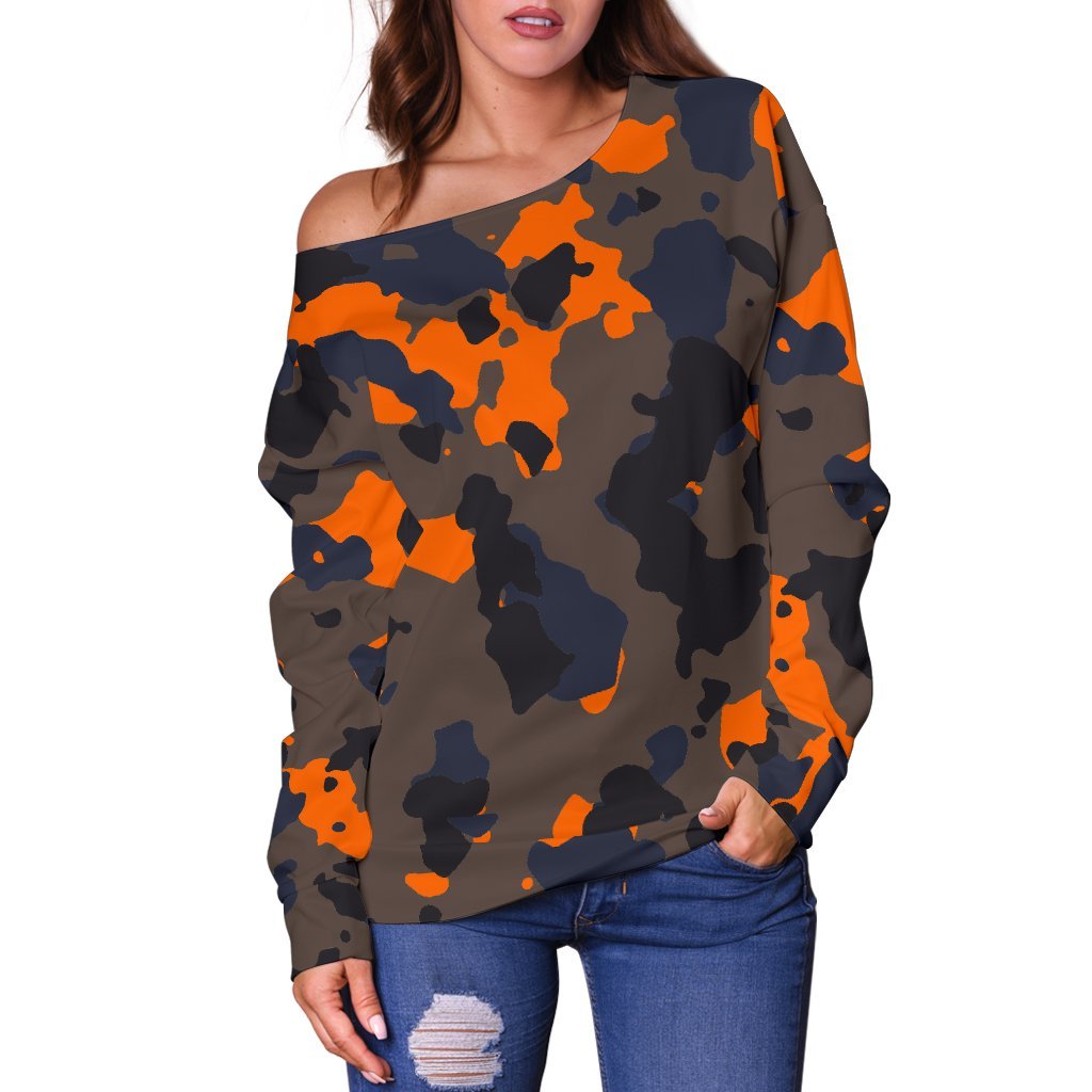 Black And Orange Camouflage Print Off Shoulder Sweatshirt GearFrost