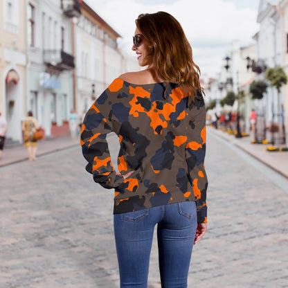 Black And Orange Camouflage Print Off Shoulder Sweatshirt GearFrost