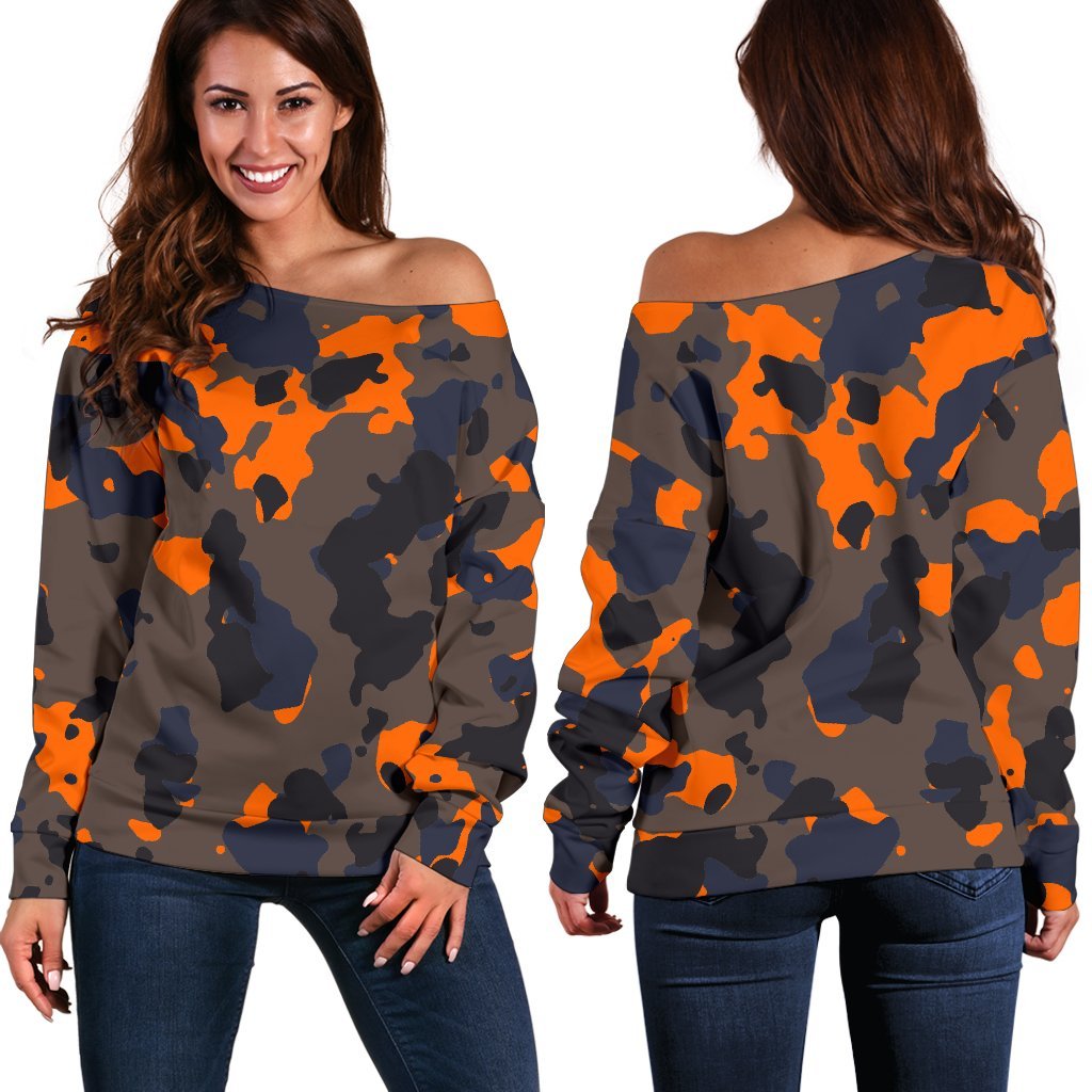 Black And Orange Camouflage Print Off Shoulder Sweatshirt GearFrost