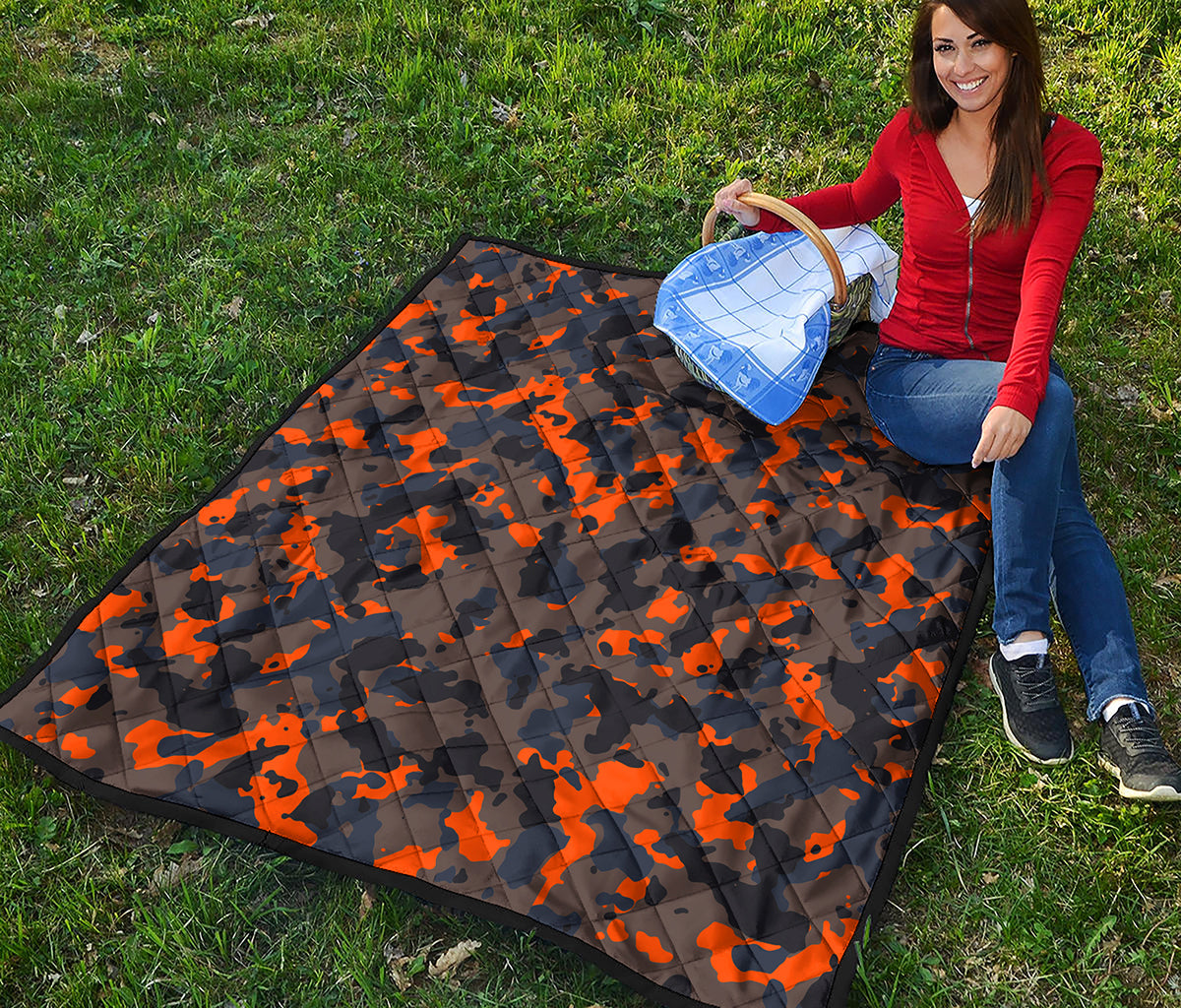 Black And Orange Camouflage Print Quilt