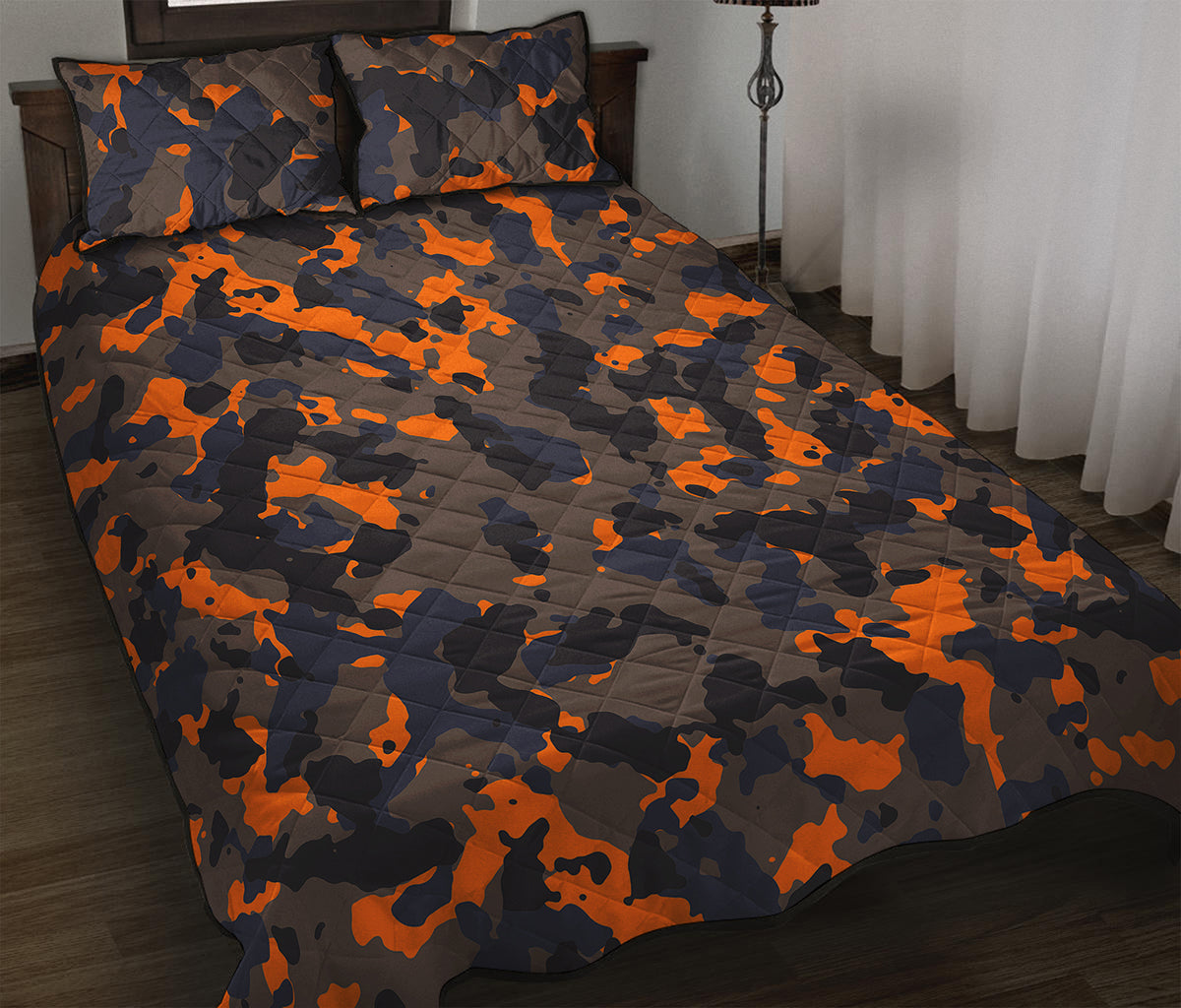 Black And Orange Camouflage Print Quilt Bed Set