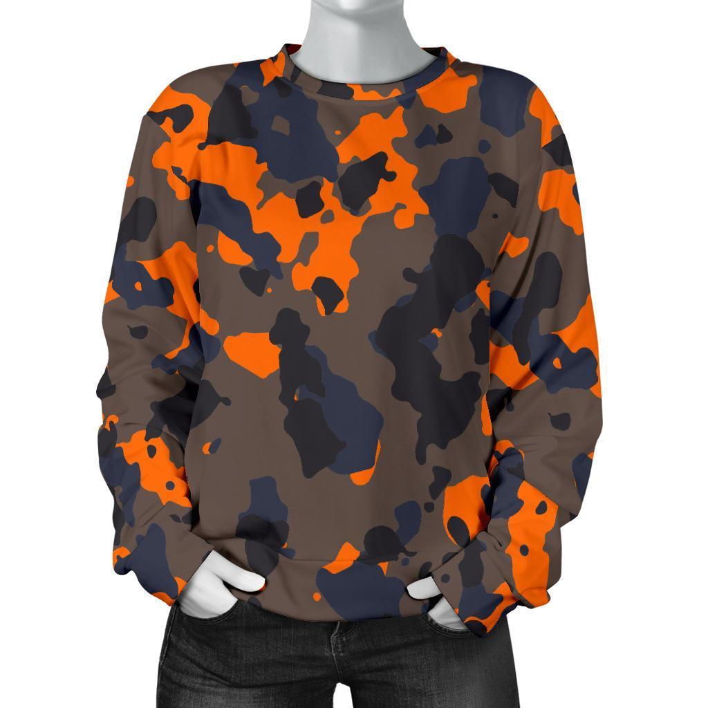 Black And Orange Camouflage Print Women's Crewneck Sweatshirt GearFrost