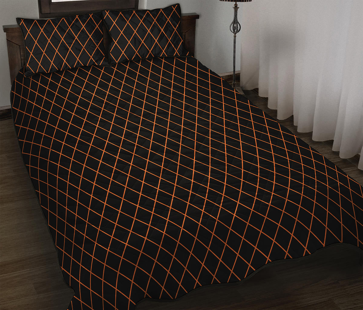 Black And Orange Harlequin Print Quilt Bed Set