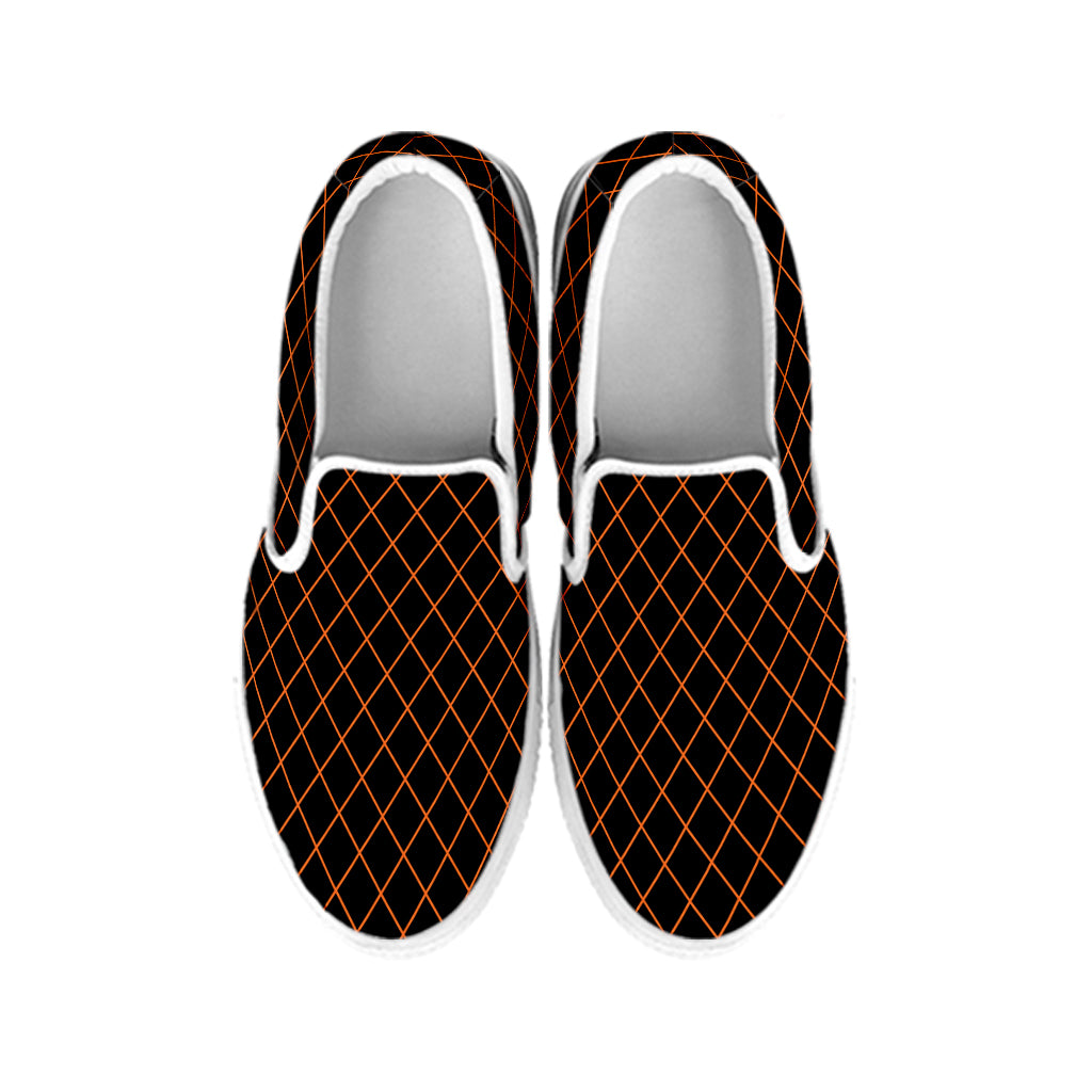 Black And Orange Harlequin Print White Slip On Shoes