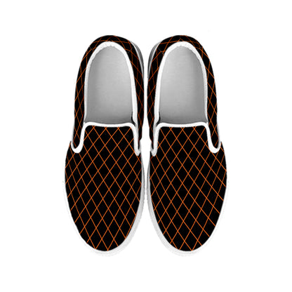 Black And Orange Harlequin Print White Slip On Shoes