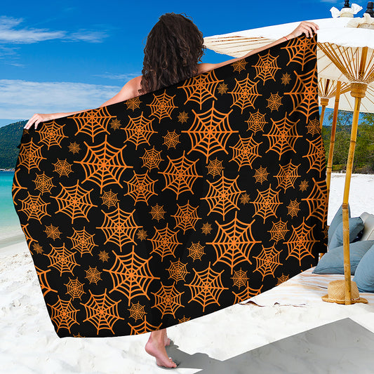 Black And Orange Spider Web Print Beach Sarong Wrap