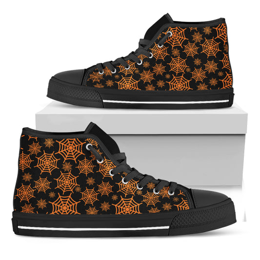 Black And Orange Spider Web Print Black High Top Shoes