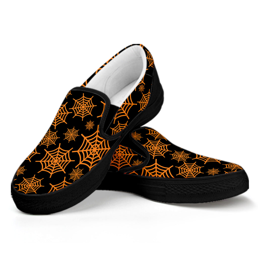 Black And Orange Spider Web Print Black Slip On Shoes