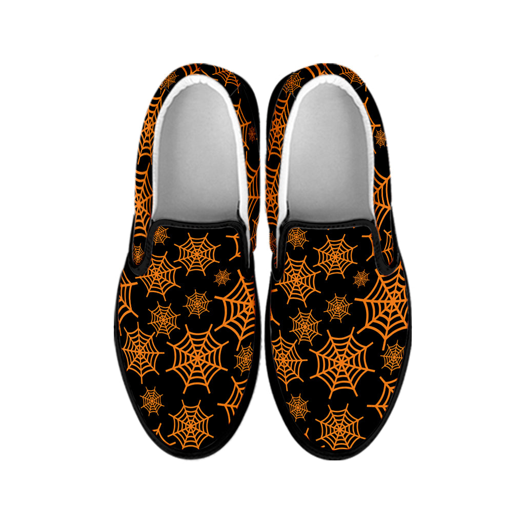 Black And Orange Spider Web Print Black Slip On Shoes