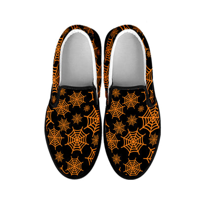 Black And Orange Spider Web Print Black Slip On Shoes