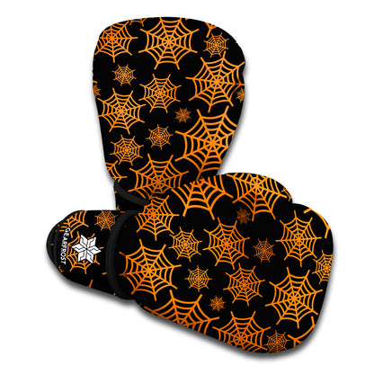 Black And Orange Spider Web Print Boxing Gloves