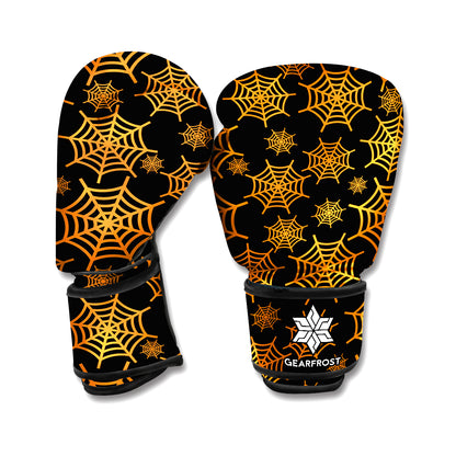 Black And Orange Spider Web Print Boxing Gloves