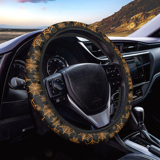 Black And Orange Spider Web Print Car Steering Wheel Cover