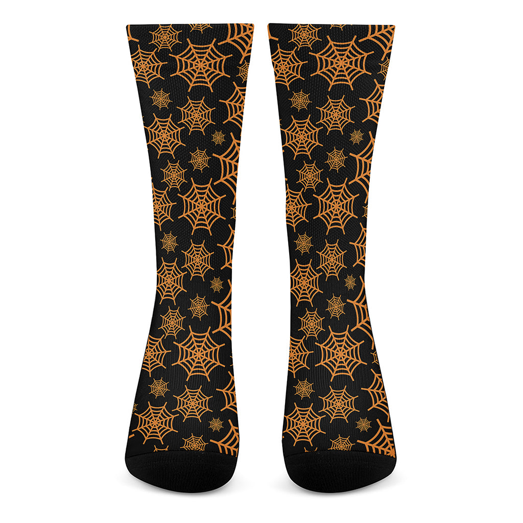 Black And Orange Spider Web Print Crew Socks