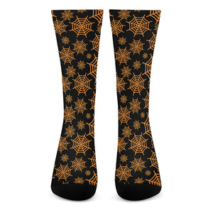 Black And Orange Spider Web Print Crew Socks