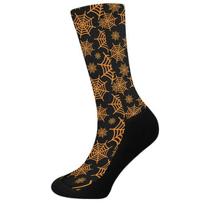 Black And Orange Spider Web Print Crew Socks