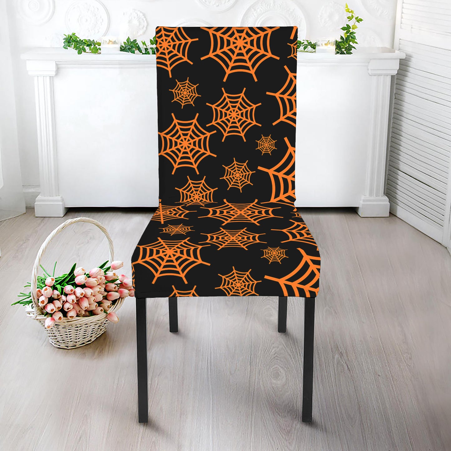 Black And Orange Spider Web Print Dining Chair Slipcover